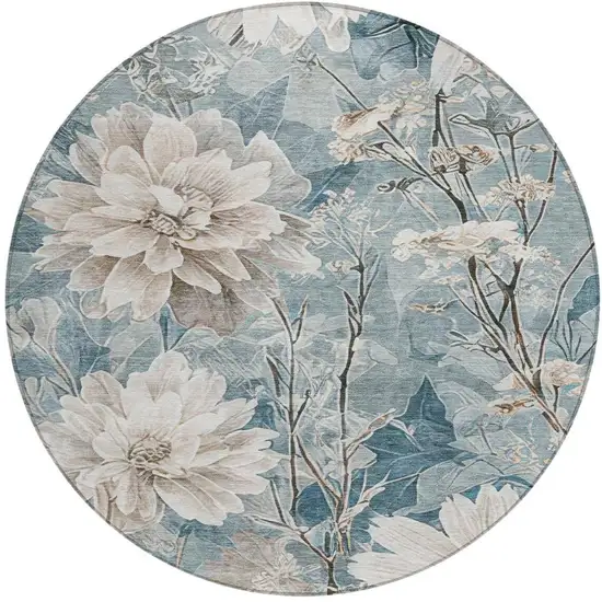 8' Teal Blue And Silver Round Floral Washable Indoor Outdoor Area Rug Photo 8
