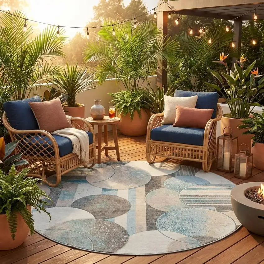 8' Teal Blue And Silver Round Geometric Washable Indoor Outdoor Area Rug Photo 1