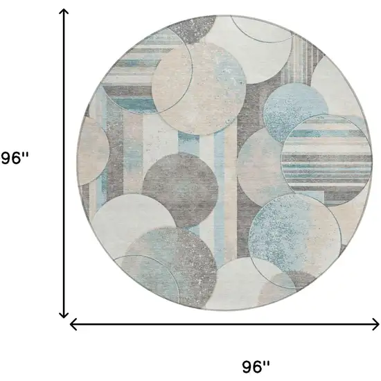 8' Teal Blue And Silver Round Geometric Washable Indoor Outdoor Area Rug Photo 5