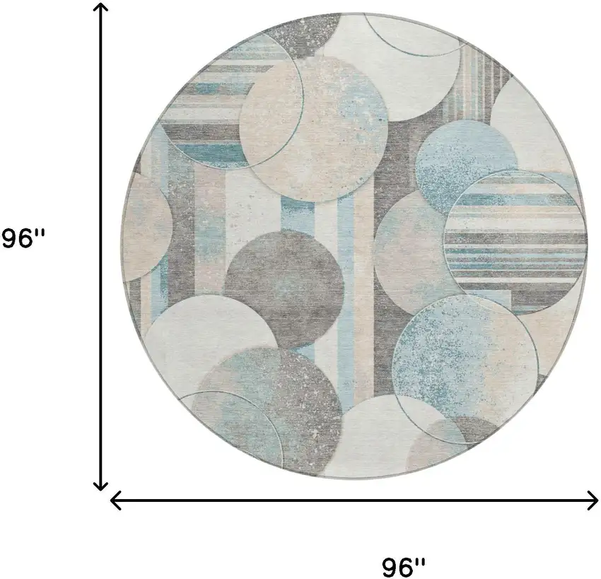 8' Teal Blue And Silver Round Geometric Washable Indoor Outdoor Area Rug Photo 5