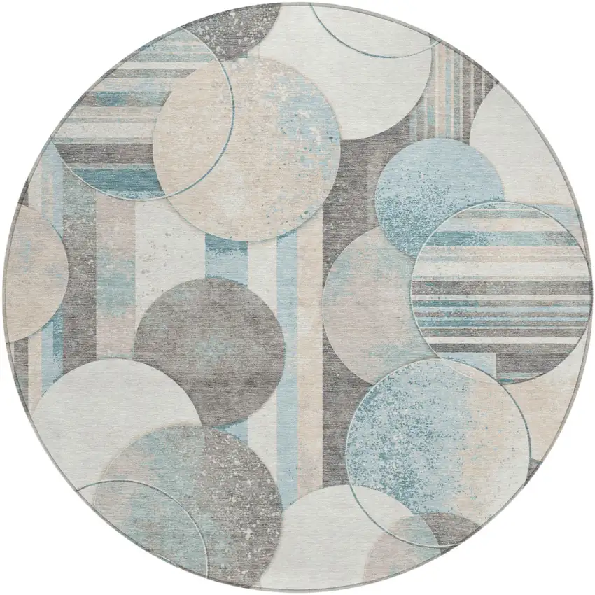 8' Teal Blue And Silver Round Geometric Washable Indoor Outdoor Area Rug Photo 2