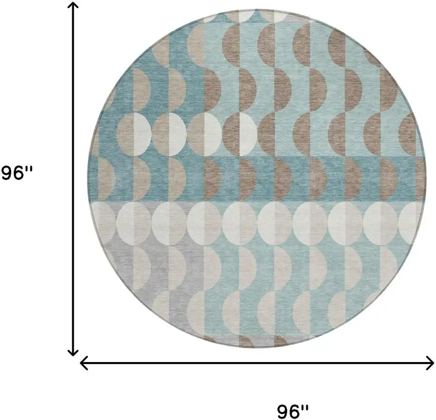 8' Teal Blue And Silver Round Geometric Washable Indoor Outdoor Area Rug Photo 5