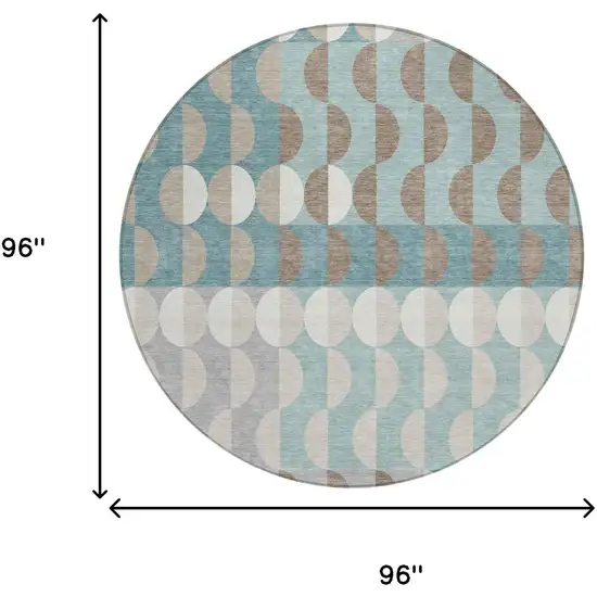 8' Teal Blue And Silver Round Geometric Washable Indoor Outdoor Area Rug Photo 5