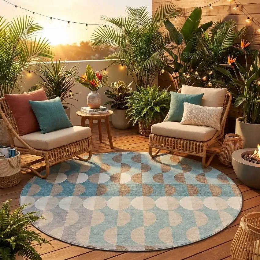 8' Teal Blue And Silver Round Geometric Washable Indoor Outdoor Area Rug Photo 1