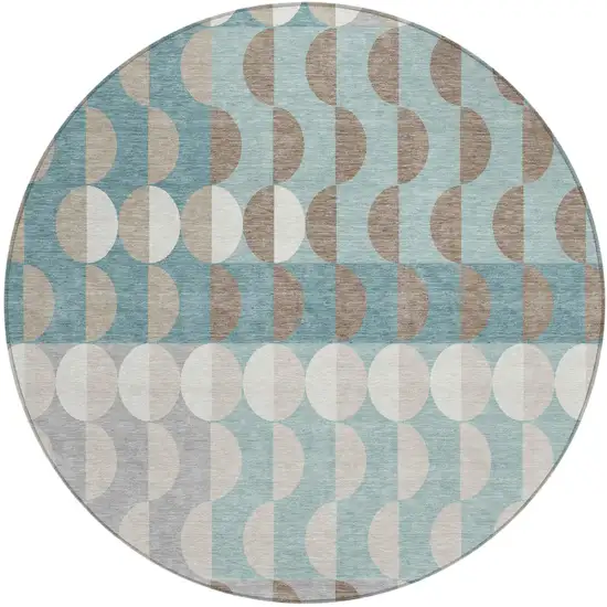 8' Teal Blue And Silver Round Geometric Washable Indoor Outdoor Area Rug Photo 2