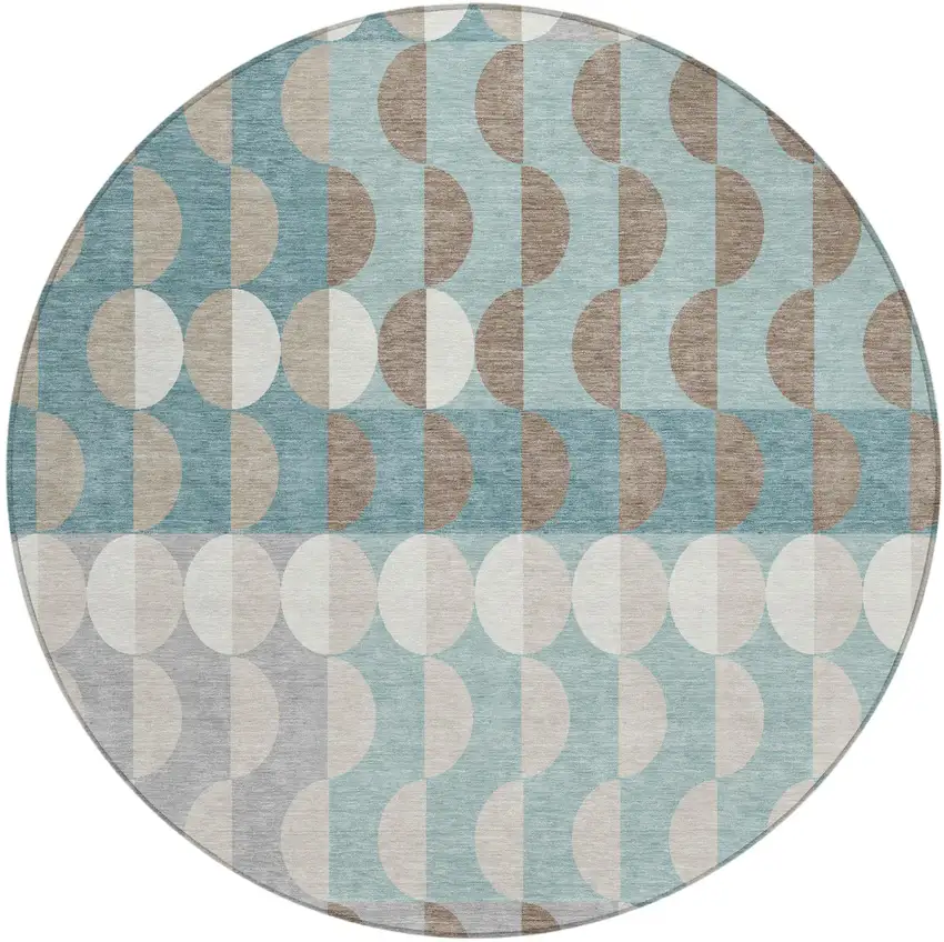 8' Teal Blue And Silver Round Geometric Washable Indoor Outdoor Area Rug Photo 2