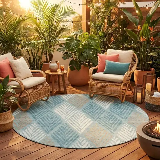 8' Teal Blue And Silver Round Geometric Washable Indoor Outdoor Area Rug Photo 1