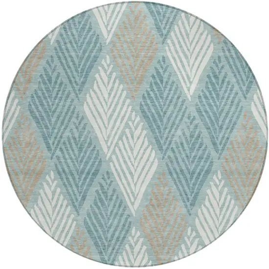 8' Teal Blue And Silver Round Geometric Washable Indoor Outdoor Area Rug Photo 2
