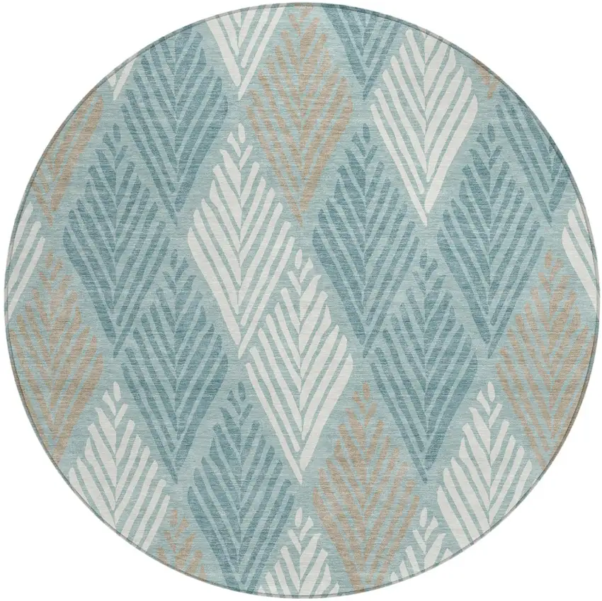 8' Teal Blue And Silver Round Geometric Washable Indoor Outdoor Area Rug Photo 2