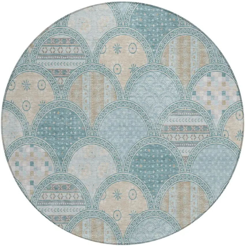8' Teal Blue And Silver Round Geometric Washable Indoor Outdoor Area Rug Photo 2