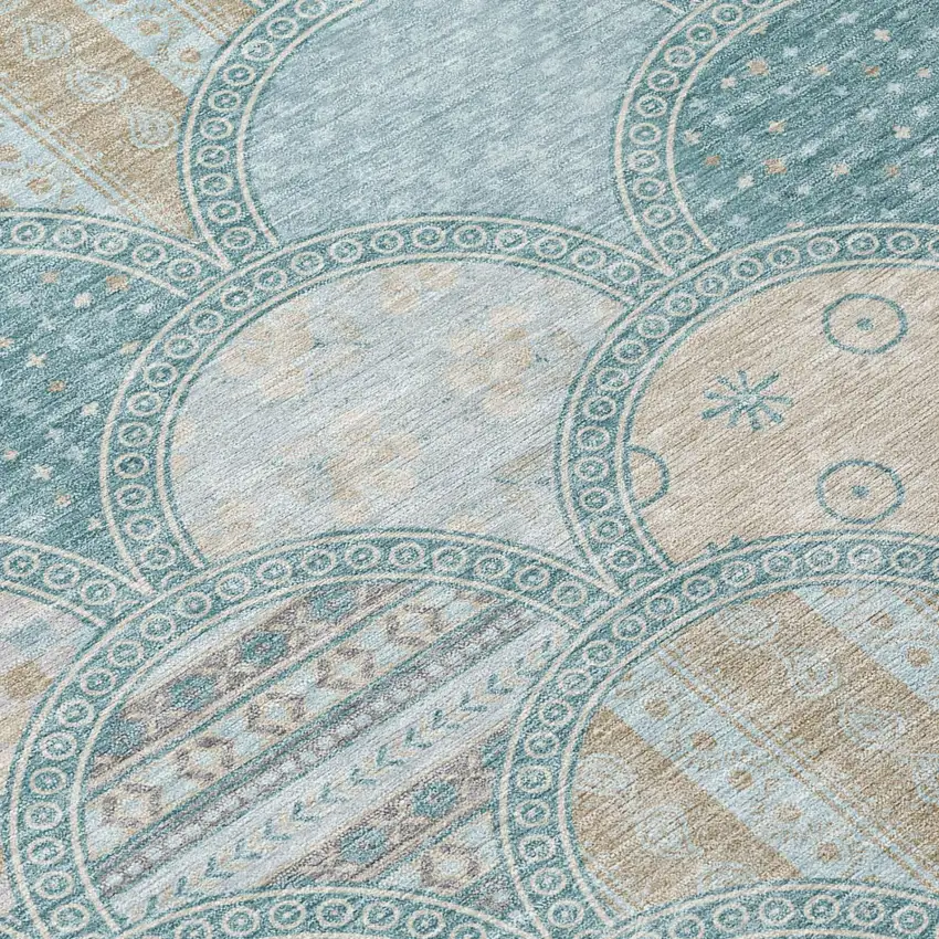 8' Teal Blue And Silver Round Geometric Washable Indoor Outdoor Area Rug Photo 4