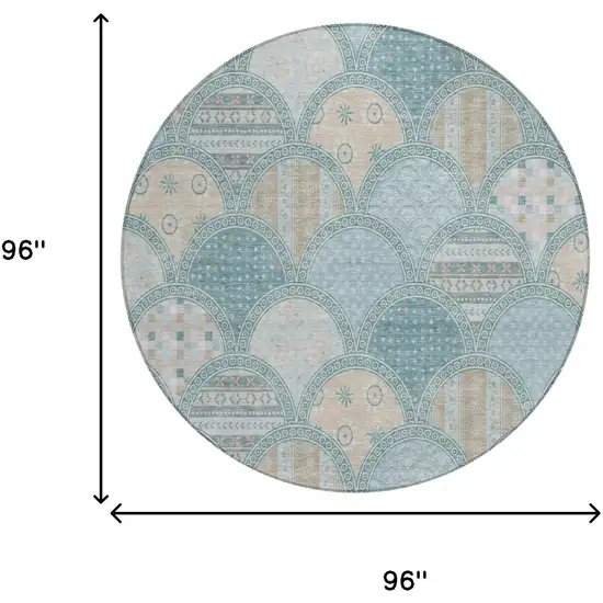 8' Teal Blue And Silver Round Geometric Washable Indoor Outdoor Area Rug Photo 5