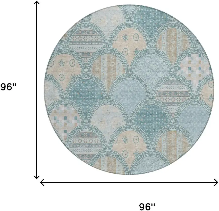 8' Teal Blue And Silver Round Geometric Washable Indoor Outdoor Area Rug Photo 5