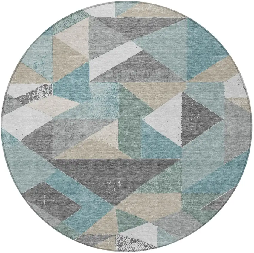 8' Teal Blue And Silver Round Geometric Washable Indoor Outdoor Area Rug Photo 3