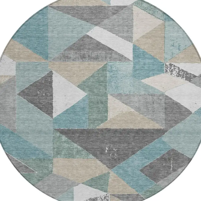 8' Teal Blue And Silver Round Geometric Washable Indoor Outdoor Area Rug Photo 1