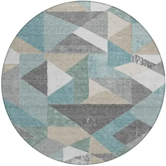 8' Teal Blue And Silver Round Geometric Washable Indoor Outdoor Area Rug Photo 2