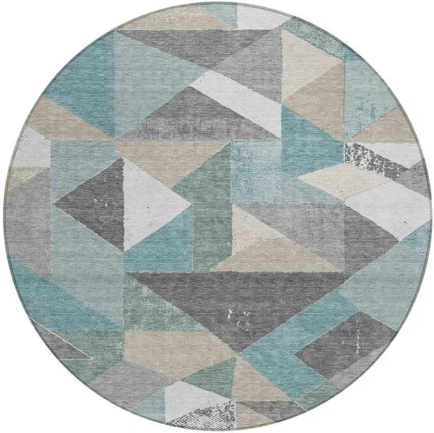 8' Teal Blue And Silver Round Geometric Washable Indoor Outdoor Area Rug Photo 2