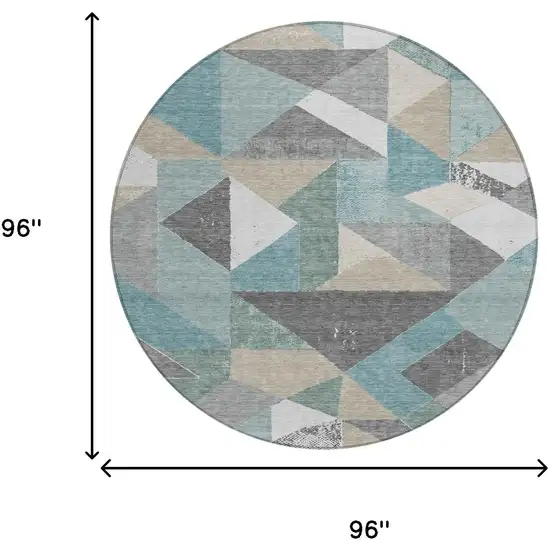 8' Teal Blue And Silver Round Geometric Washable Indoor Outdoor Area Rug Photo 6