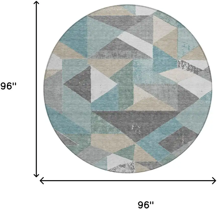 8' Teal Blue And Silver Round Geometric Washable Indoor Outdoor Area Rug Photo 6