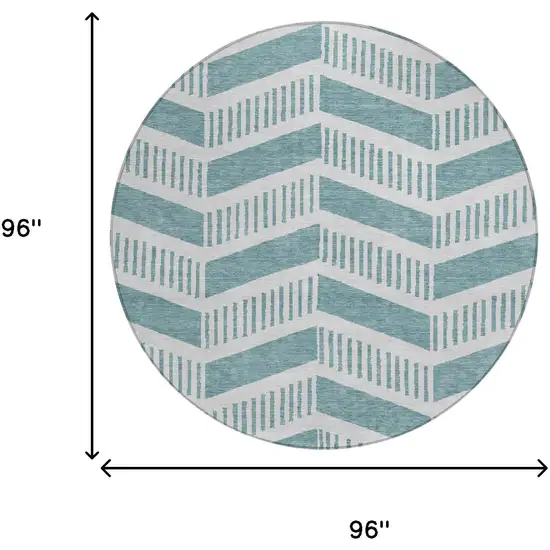 8' Teal Blue And Silver Round Geometric Washable Indoor Outdoor Area Rug Photo 6