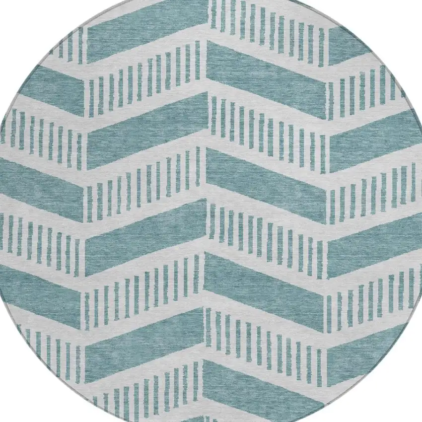 8' Teal Blue And Silver Round Geometric Washable Indoor Outdoor Area Rug Photo 3