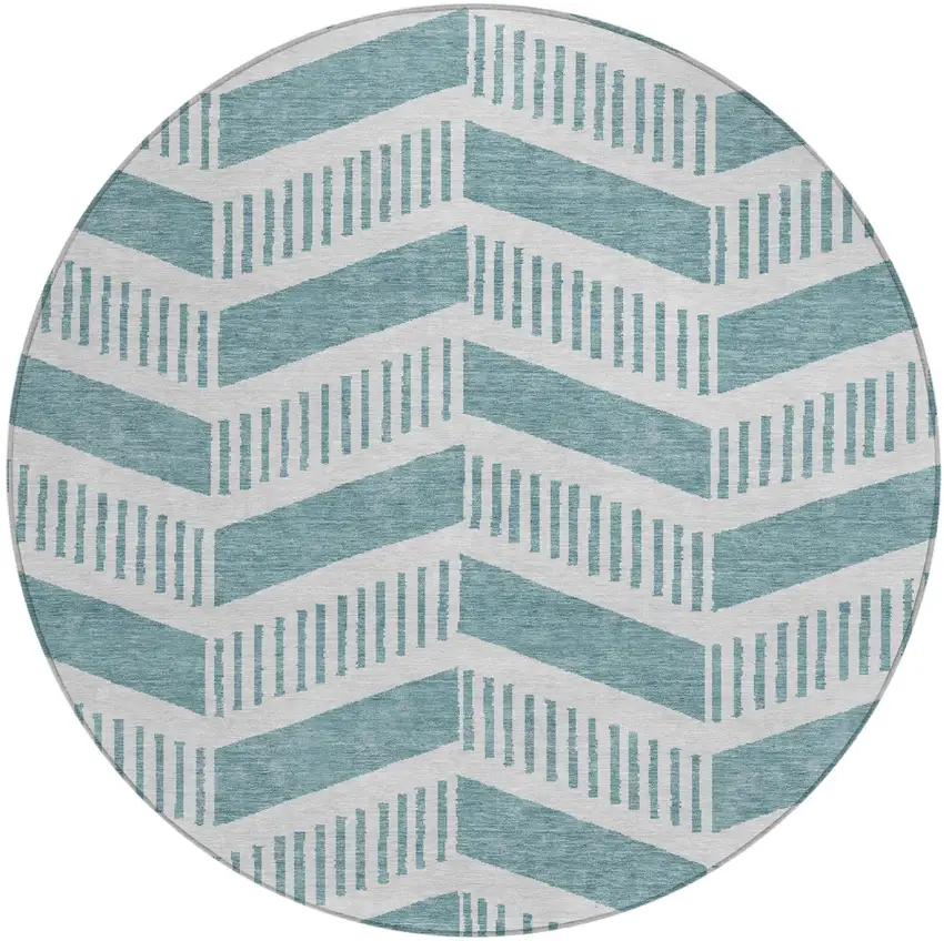 8' Teal Blue And Silver Round Geometric Washable Indoor Outdoor Area Rug Photo 1