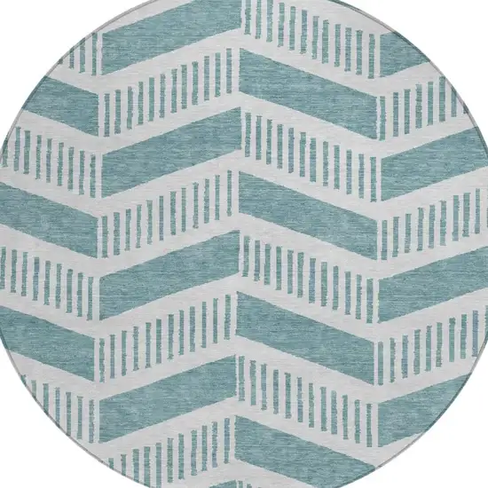 8' Teal Blue And Silver Round Geometric Washable Indoor Outdoor Area Rug Photo 2