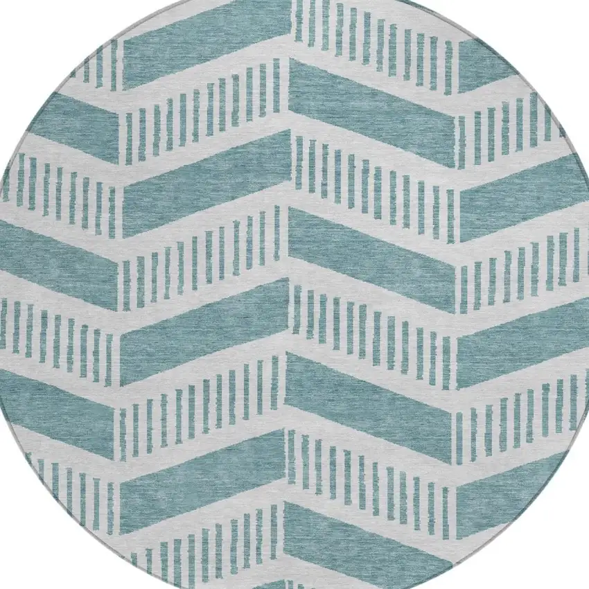8' Teal Blue And Silver Round Geometric Washable Indoor Outdoor Area Rug Photo 2