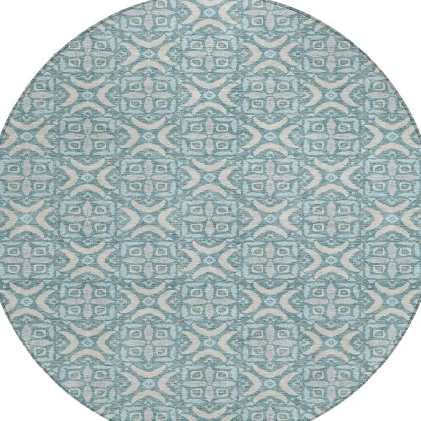 8' Teal Blue And Silver Round Geometric Washable Indoor Outdoor Area Rug Photo 2