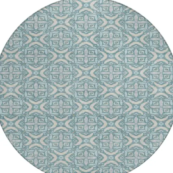 8' Teal Blue And Silver Round Geometric Washable Indoor Outdoor Area Rug Photo 2