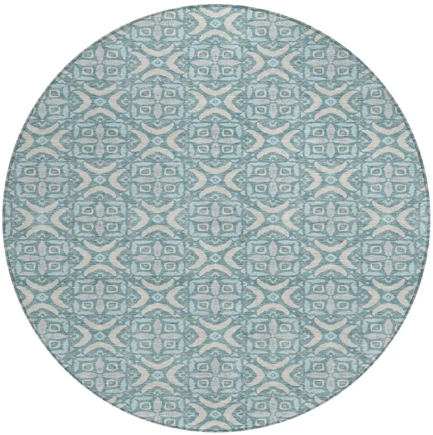 8' Teal Blue And Silver Round Geometric Washable Indoor Outdoor Area Rug Photo 1