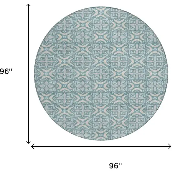 8' Teal Blue And Silver Round Geometric Washable Indoor Outdoor Area Rug Photo 6