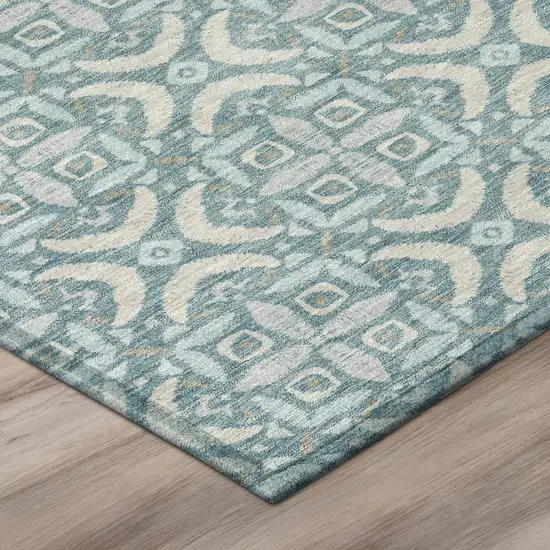 8' Teal Blue And Silver Round Geometric Washable Indoor Outdoor Area Rug Photo 4