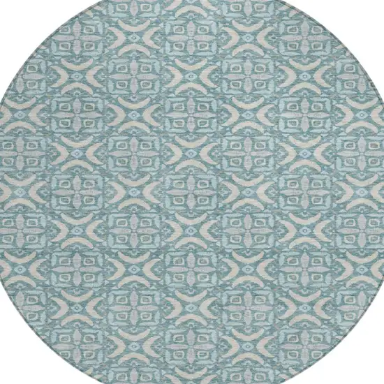 8' Teal Blue And Silver Round Geometric Washable Indoor Outdoor Area Rug Photo 3