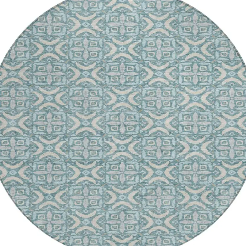 8' Teal Blue And Silver Round Geometric Washable Indoor Outdoor Area Rug Photo 3