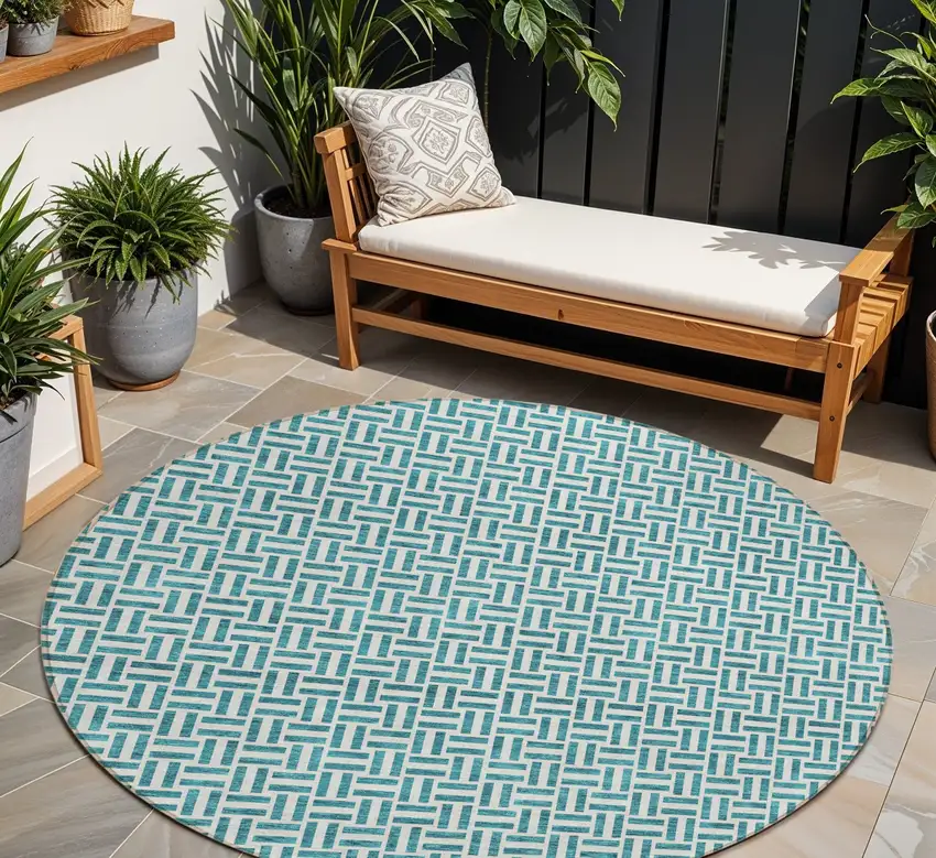 8' Teal Blue And Silver Round Geometric Washable Indoor Outdoor Area Rug Photo 1