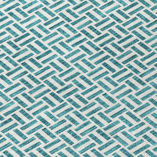8' Teal Blue And Silver Round Geometric Washable Indoor Outdoor Area Rug Photo 8