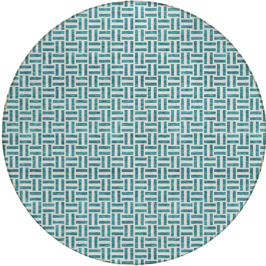 8' Teal Blue And Silver Round Geometric Washable Indoor Outdoor Area Rug Photo 5