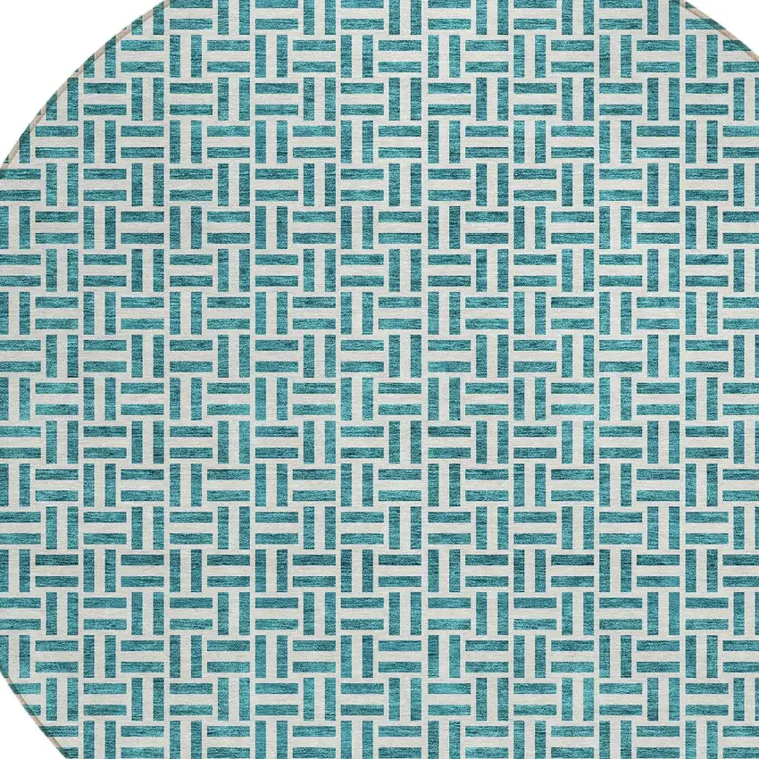 8' Teal Blue And Silver Round Geometric Washable Indoor Outdoor Area Rug Photo 4