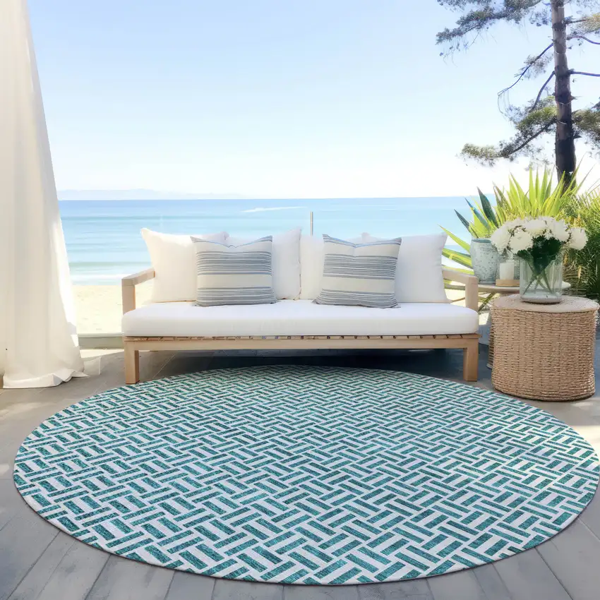 8' Teal Blue And Silver Round Geometric Washable Indoor Outdoor Area Rug Photo 6