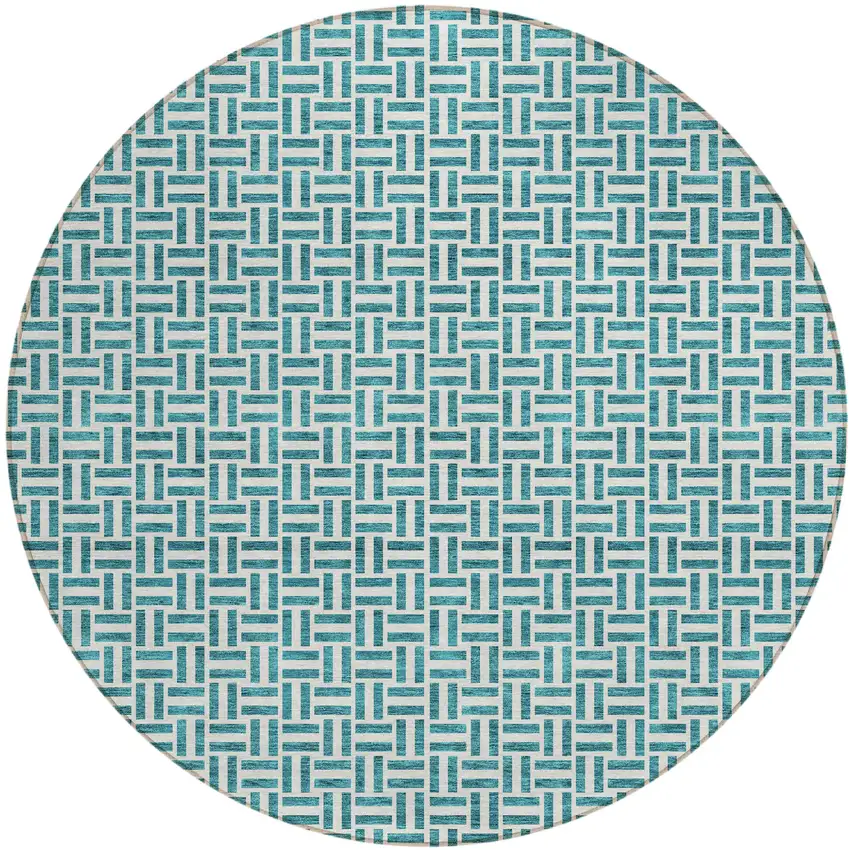 8' Teal Blue And Silver Round Geometric Washable Indoor Outdoor Area Rug Photo 2