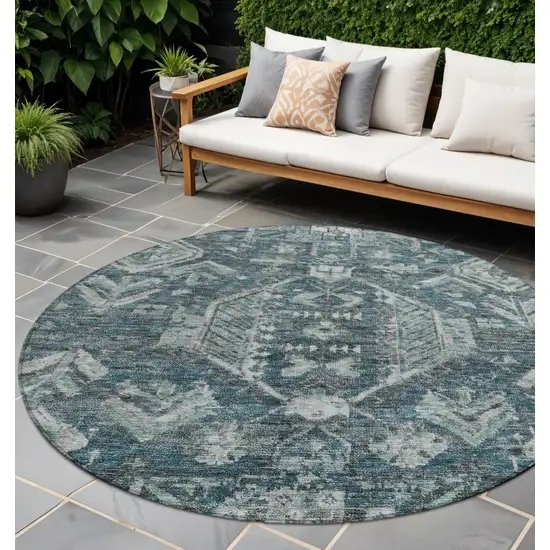8' Teal Blue And Silver Round Medallion Washable Indoor Outdoor Area Rug Photo 1