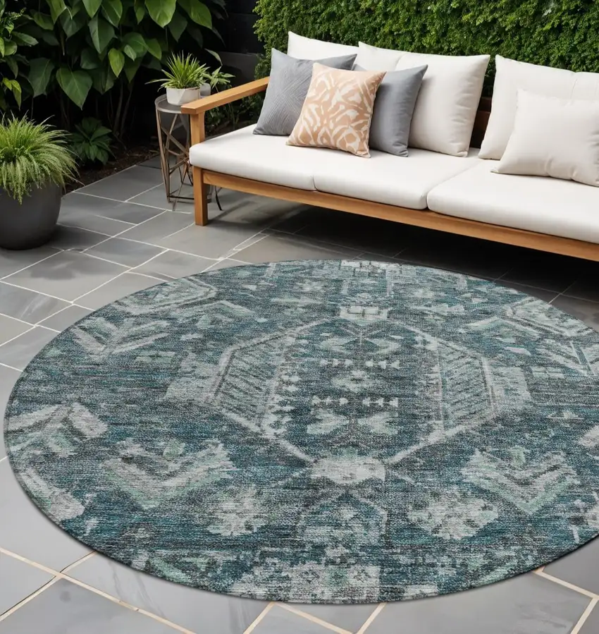8' Teal Blue And Silver Round Medallion Washable Indoor Outdoor Area Rug Photo 1