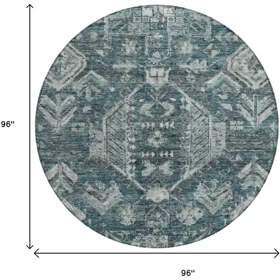 8' Teal Blue And Silver Round Medallion Washable Indoor Outdoor Area Rug Photo 3