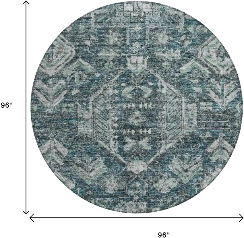 8' Teal Blue And Silver Round Medallion Washable Indoor Outdoor Area Rug Photo 3