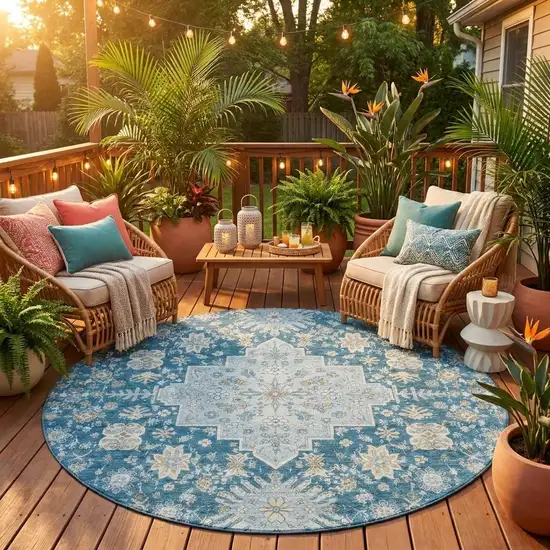 8' Teal Blue And Silver Round Oriental Washable Indoor Outdoor Area Rug Photo 1