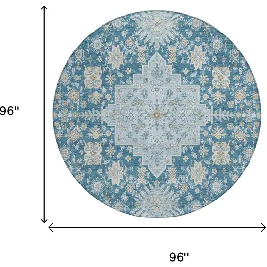 8' Teal Blue And Silver Round Oriental Washable Indoor Outdoor Area Rug Photo 5