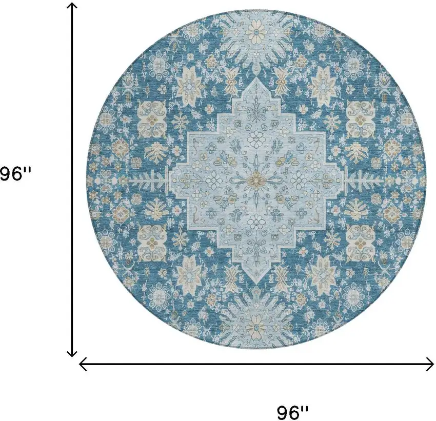 8' Teal Blue And Silver Round Oriental Washable Indoor Outdoor Area Rug Photo 5