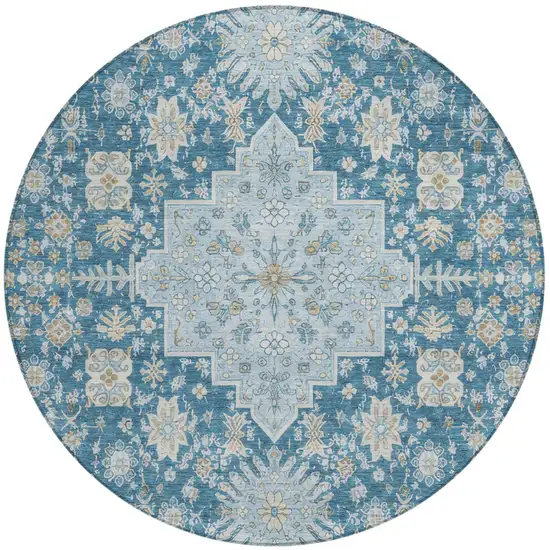 8' Teal Blue And Silver Round Oriental Washable Indoor Outdoor Area Rug Photo 2