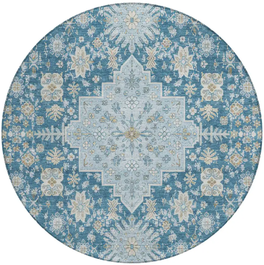 8' Teal Blue And Silver Round Oriental Washable Indoor Outdoor Area Rug Photo 2
